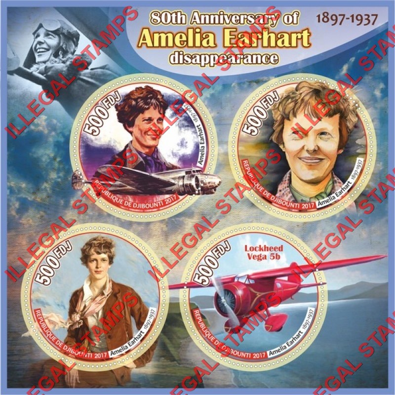 Djibouti 2017 Amelia Earhart Illegal Stamp Souvenir Sheet of 4