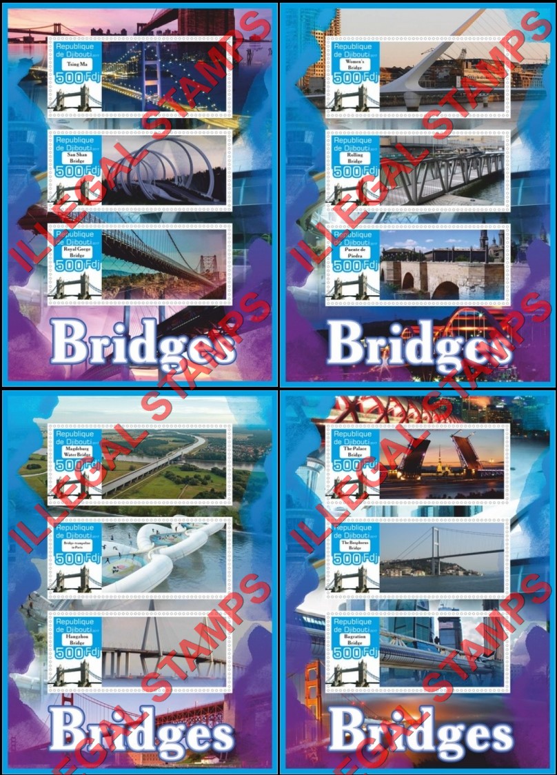 Djibouti 2017 Bridges Illegal Stamp Souvenir Sheets of 3