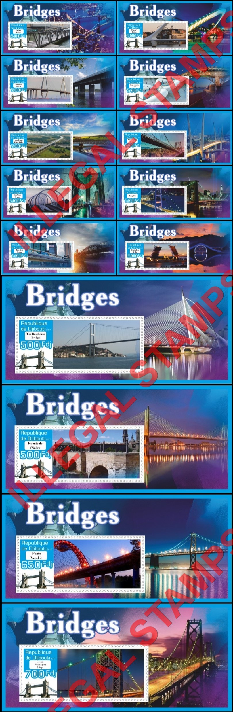 Djibouti 2017 Bridges Illegal Stamp Souvenir Sheets of 1