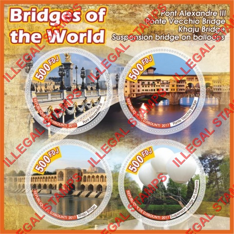 Djibouti 2017 Bridges of the World Illegal Stamp Souvenir Sheet of 4