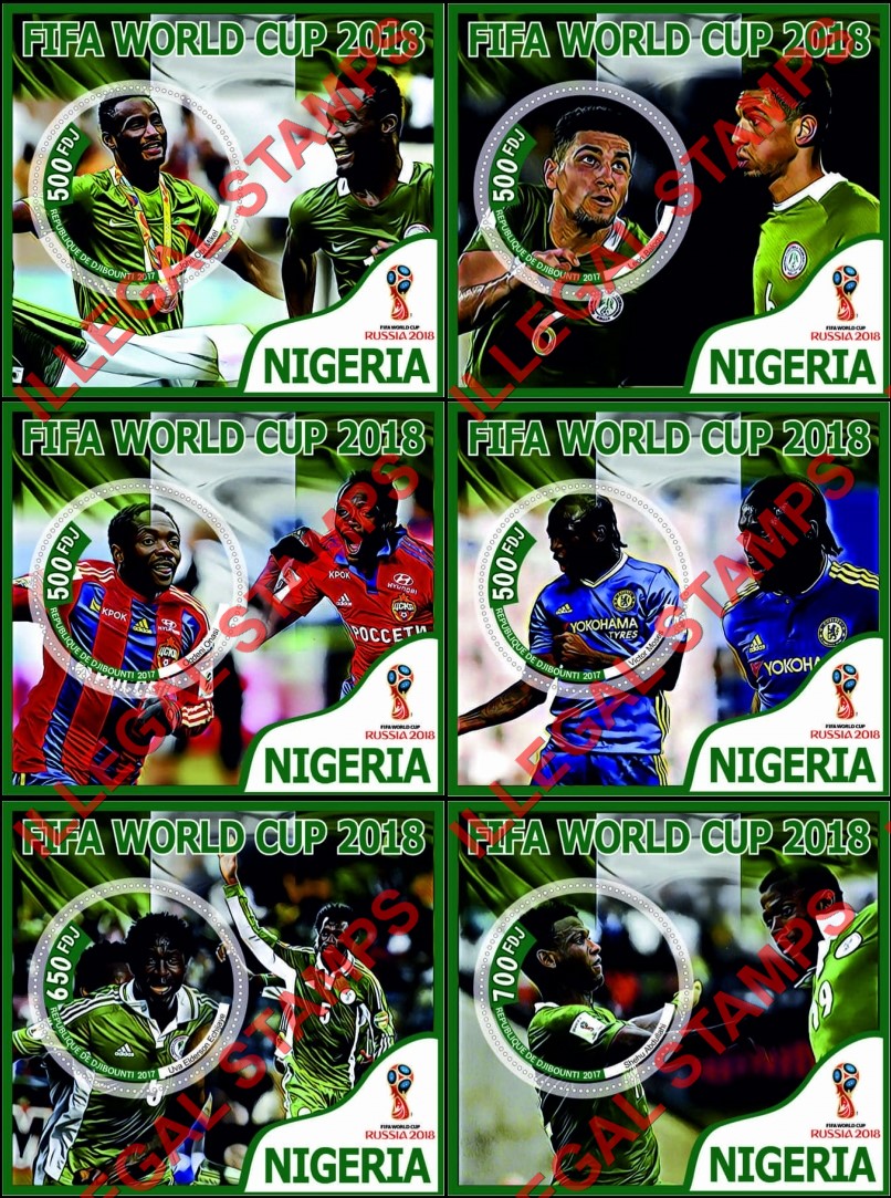 Djibouti 2017 FIFA World Cup Soccer in Russia in 2018 Nigeria Players Illegal Stamp Souvenir Sheets of 1