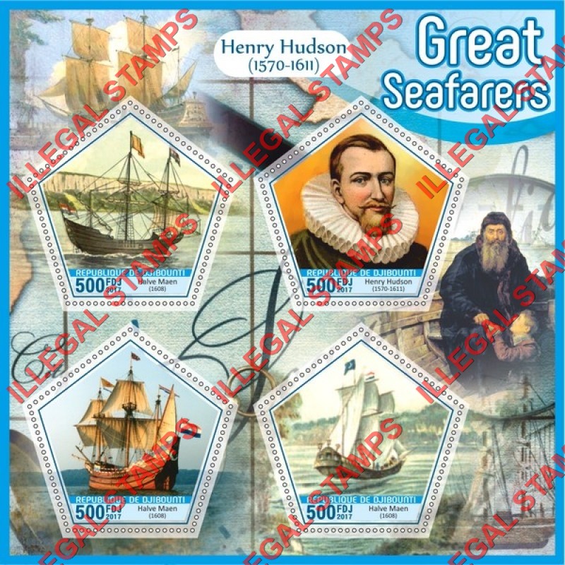 Djibouti 2017 Henry Hudson Halve Maen Sailing Ship Illegal Stamp Souvenir Sheet of 4