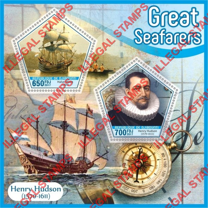 Djibouti 2017 Henry Hudson Halve Maen Sailing Ship Illegal Stamp Souvenir Sheet of 2
