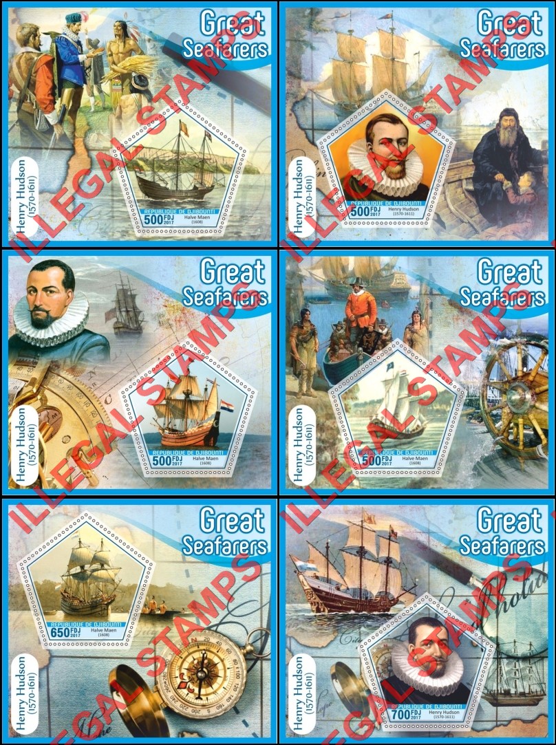 Djibouti 2017 Henry Hudson Halve Maen Sailing Ship Illegal Stamp Souvenir Sheets of 1
