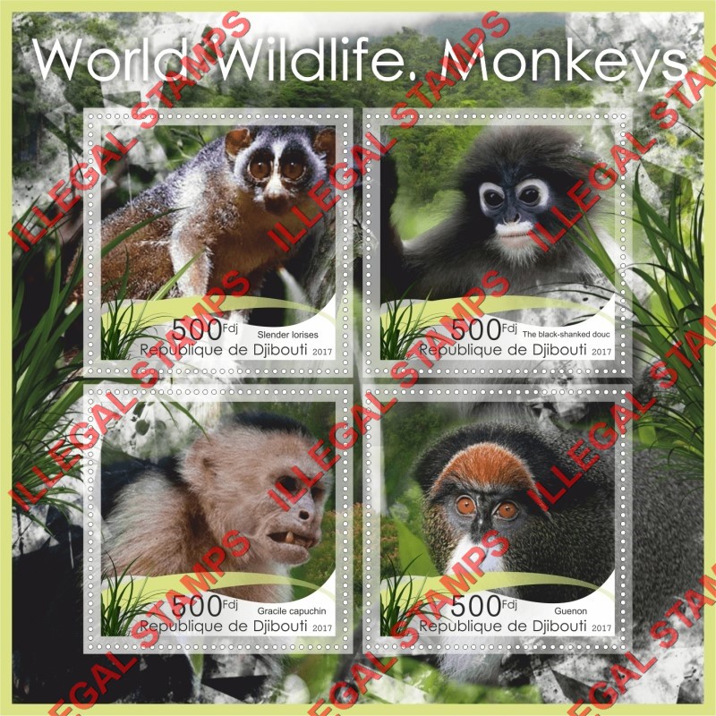 Djibouti 2017 Monkeys World Wildlife Illegal Stamp Souvenir Sheet of 4