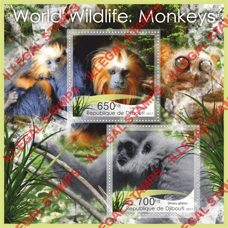 Djibouti 2017 Monkeys World Wildlife Illegal Stamp Souvenir Sheet of 2