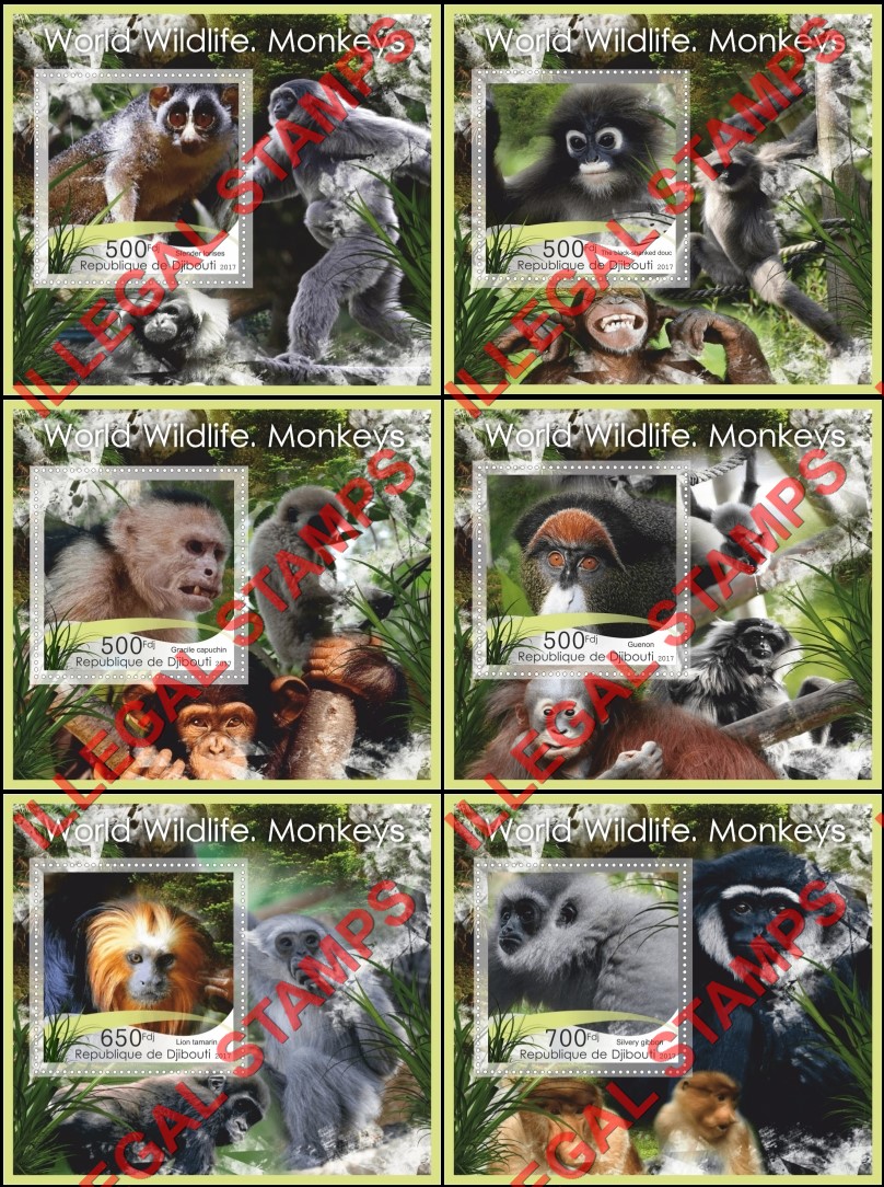 Djibouti 2017 Monkeys World Wildlife Illegal Stamp Souvenir Sheets of 1