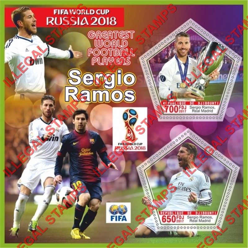 Djibouti 2017 Sergio Ramos Soccer Football Player Illegal Stamp Souvenir Sheet of 2