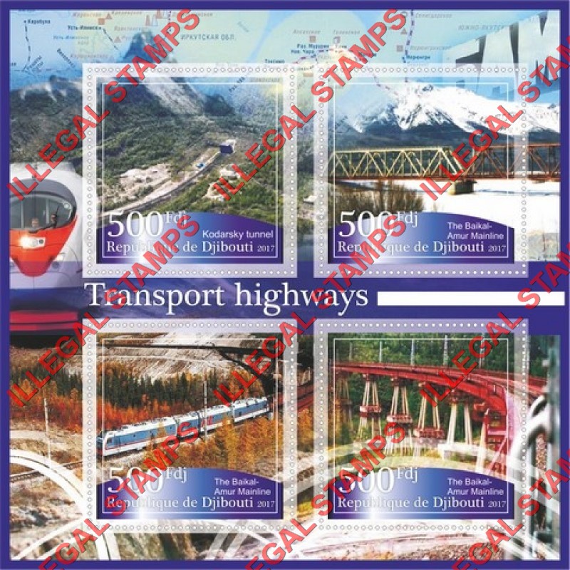 Djibouti 2017 Transport Highways Railways Illegal Stamp Souvenir Sheet of 4