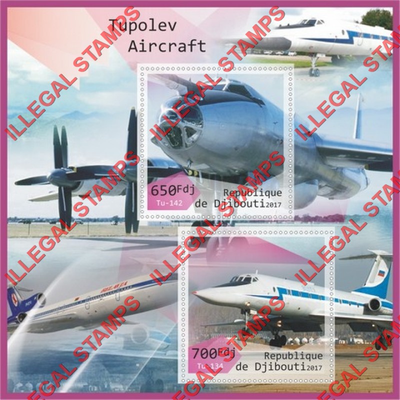 Djibouti 2017 Tupolev Aircraft (different) Illegal Stamp Souvenir Sheet of 2