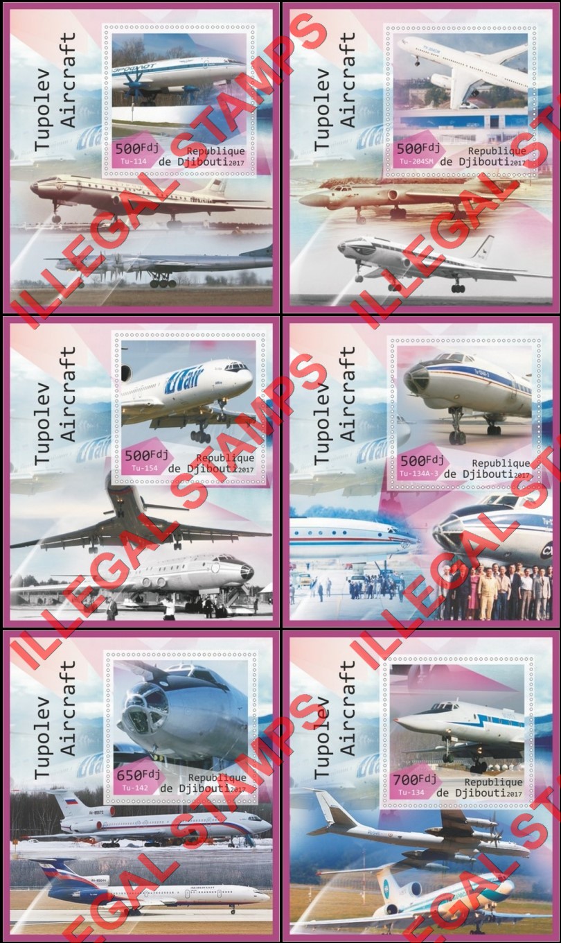 Djibouti 2017 Tupolev Aircraft (different) Illegal Stamp Souvenir Sheets of 1