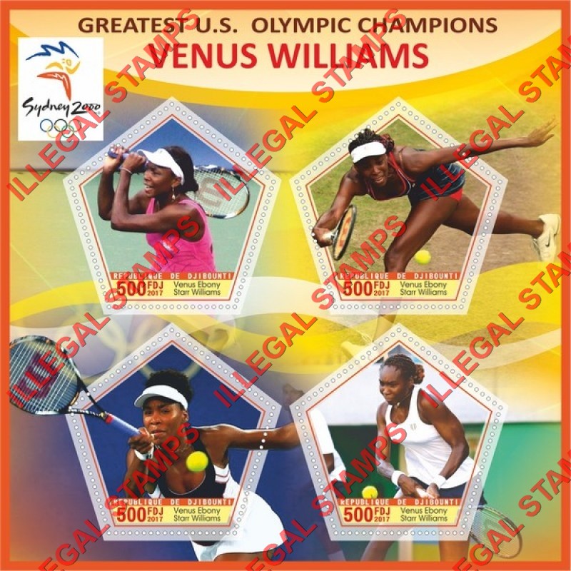 Djibouti 2017 Venus Williams Tennis Champion Sydney 2000 Illegal Stamp Souvenir Sheet of 4