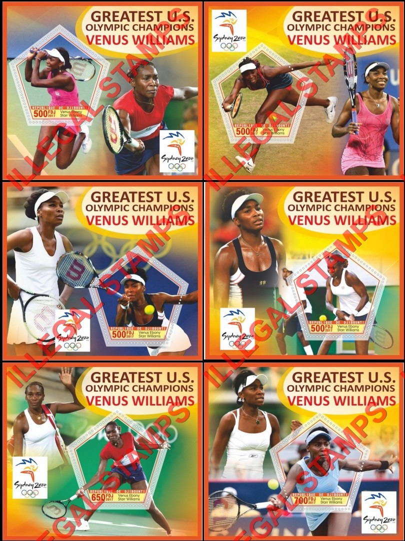 Djibouti 2017 Venus Williams Tennis Champion Sydney 2000 Illegal Stamp Souvenir Sheets of 1