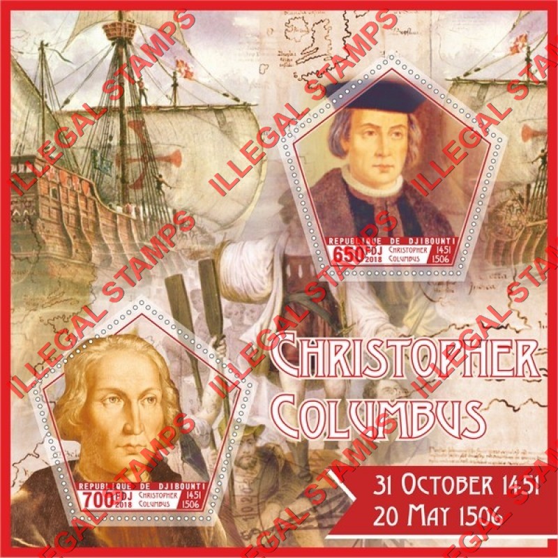 Djibouti 2018 Christopher Columbus Illegal Stamp Souvenir Sheet of 2