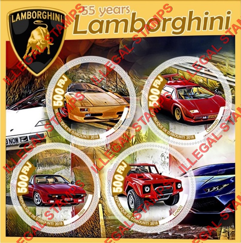 Djibouti 2018 Lamborghini Illegal Stamp Souvenir Sheet of 4
