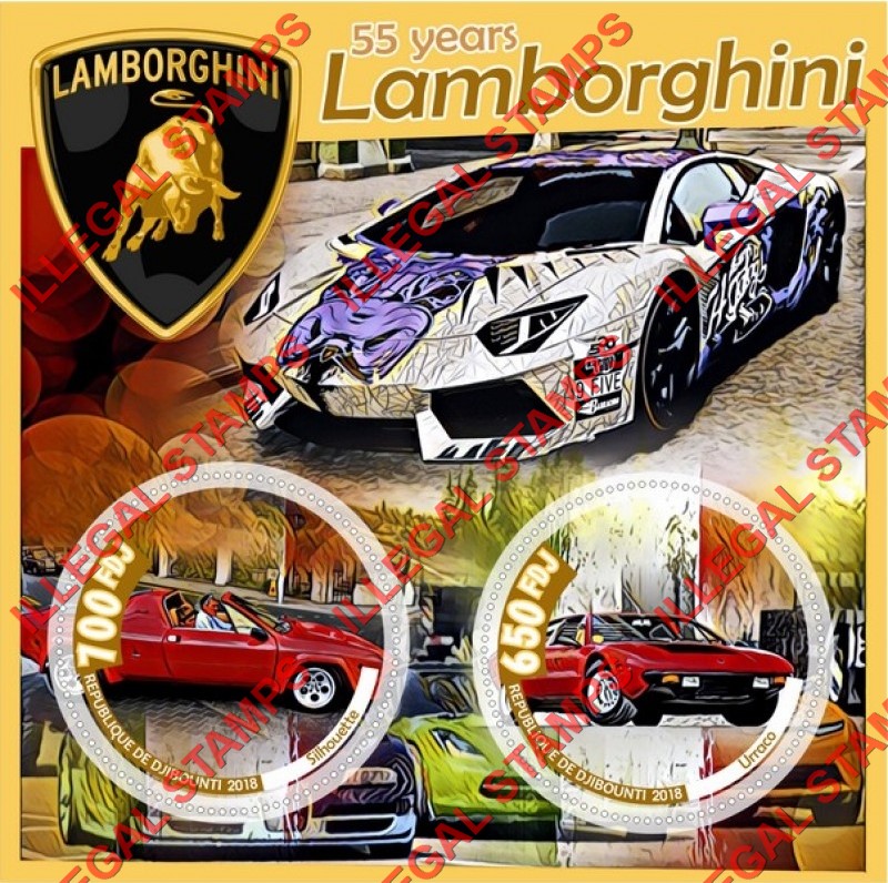 Djibouti 2018 Lamborghini Illegal Stamp Souvenir Sheet of 2