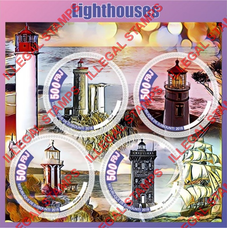 Djibouti 2018 Lighthouses (different b) Illegal Stamp Souvenir Sheet of 4