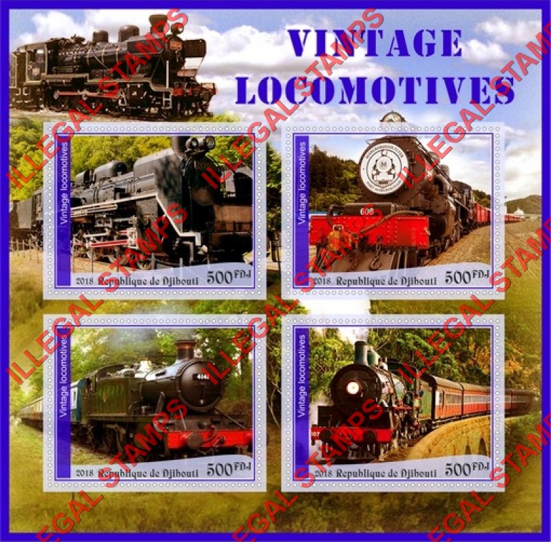 Djibouti 2018 Vintage Locomotives (different) Illegal Stamp Souvenir Sheet of 4