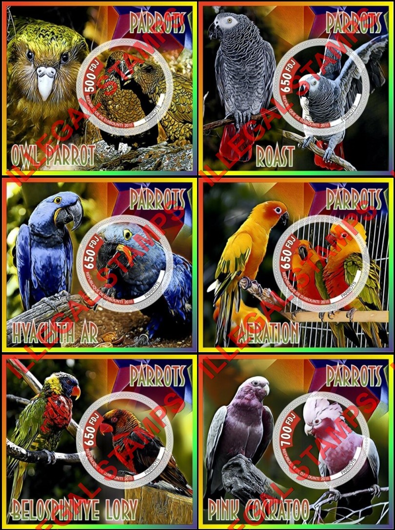 Djibouti 2018 Parrots Illegal Stamp Souvenir Sheets of 1