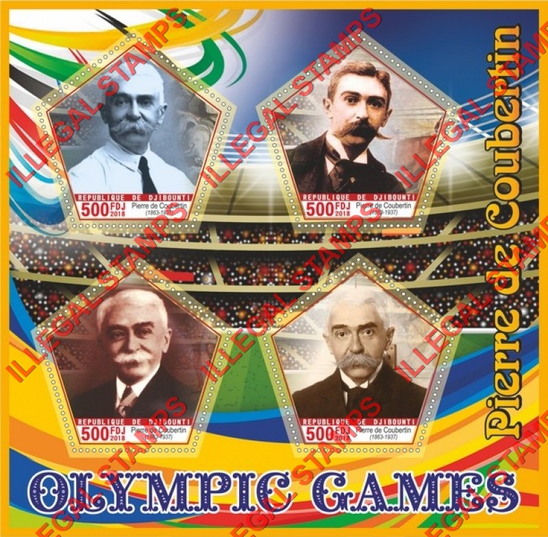 Djibouti 2018 Pierre de Coubertin Olympic Games Illegal Stamp Souvenir Sheet of 4