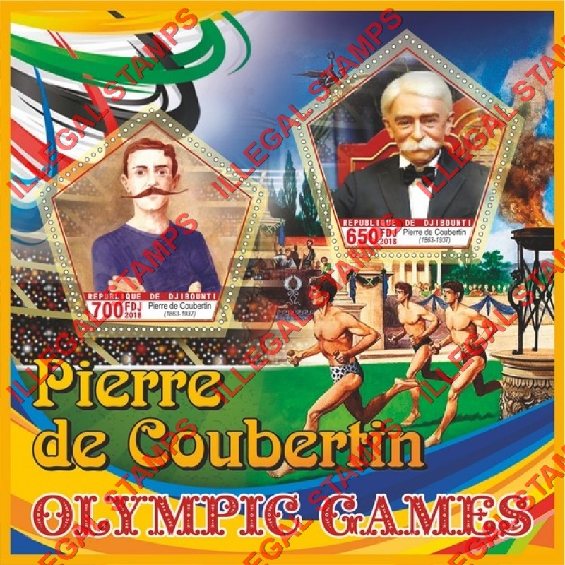 Djibouti 2018 Pierre de Coubertin Olympic Games Illegal Stamp Souvenir Sheet of 2