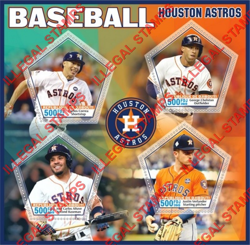 Djibouti 2019 Baseball Players Houston Astros Illegal Stamp Souvenir Sheet of 4