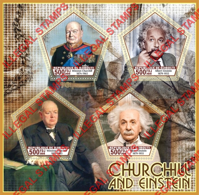 Djibouti 2019 Winston Churchill and Albert Einstein Illegal Stamp Souvenir Sheet of 4
