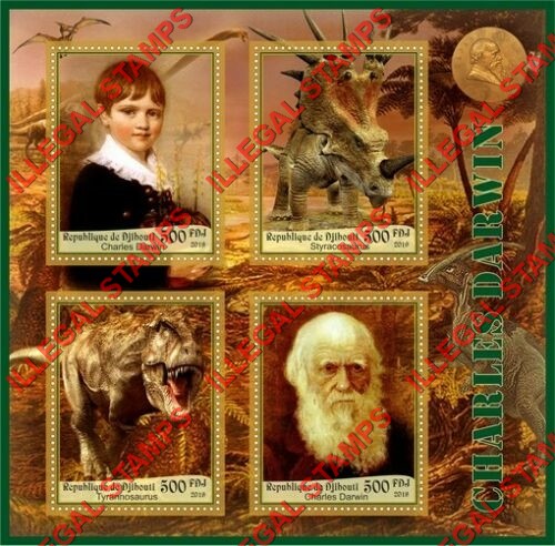 Djibouti 2019 Charles Darwin and Dinosaurs Illegal Stamp Souvenir Sheet of 4