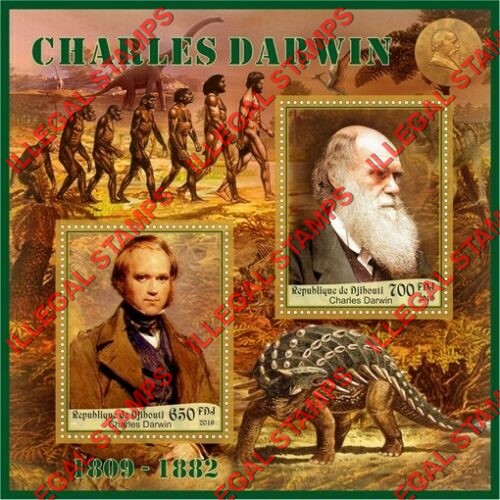 Djibouti 2019 Charles Darwin and Dinosaurs Illegal Stamp Souvenir Sheet of 2