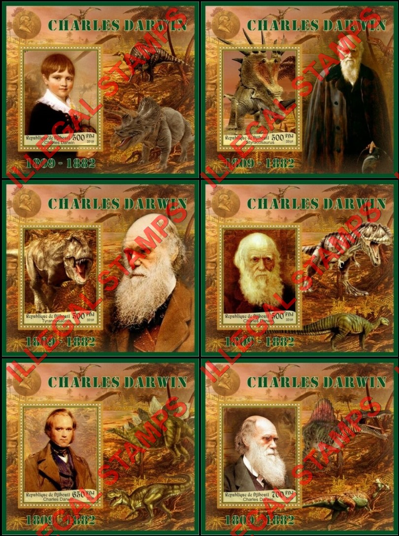 Djibouti 2019 Charles Darwin and Dinosaurs Illegal Stamp Souvenir Sheets of 1
