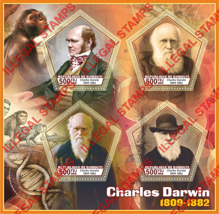 Djibouti 2019 Charles Darwin and Prehistoric Man Illegal Stamp Souvenir Sheet of 4