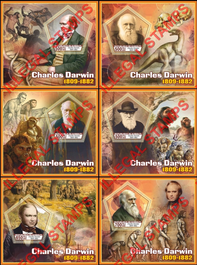 Djibouti 2019 Charles Darwin and Prehistoric Man Illegal Stamp Souvenir Sheets of 1