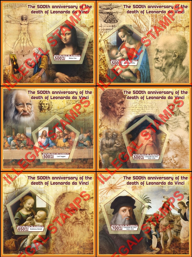 Djibouti 2019 Leonardo da Vinci Paintings Illegal Stamp Souvenir Sheets of 1