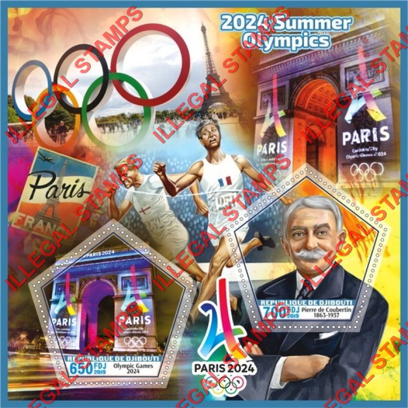 Djibouti 2019 Olympic Games in Paris in 2024 Counterfeit Illegal Stamp Souvenir Sheet of 2