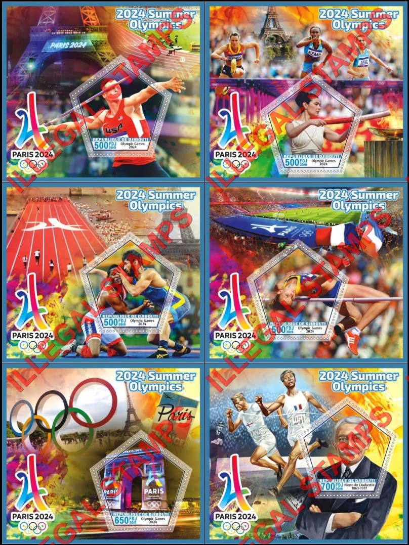 Djibouti 2019 Olympic Games in Paris in 2024 Counterfeit Illegal Stamp Souvenir Sheets of 1