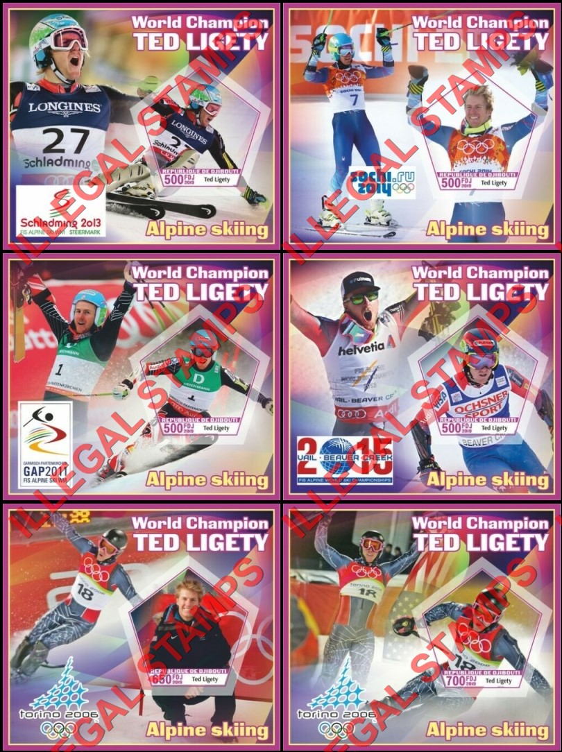 Djibouti 2019 Olympics Alpine Skiing Ted Ligety Illegal Stamp Souvenir Sheets of 1