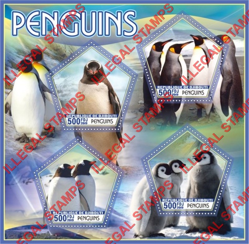 Djibouti 2019 Penguins Illegal Stamp Souvenir Sheet of 4