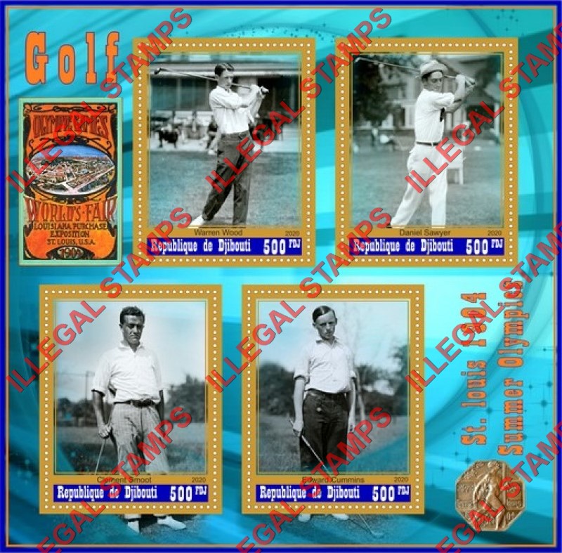 Djibouti 2020 Golf Players St. Louis 1904 Summer Olympics Illegal Stamp Souvenir Sheet of 4