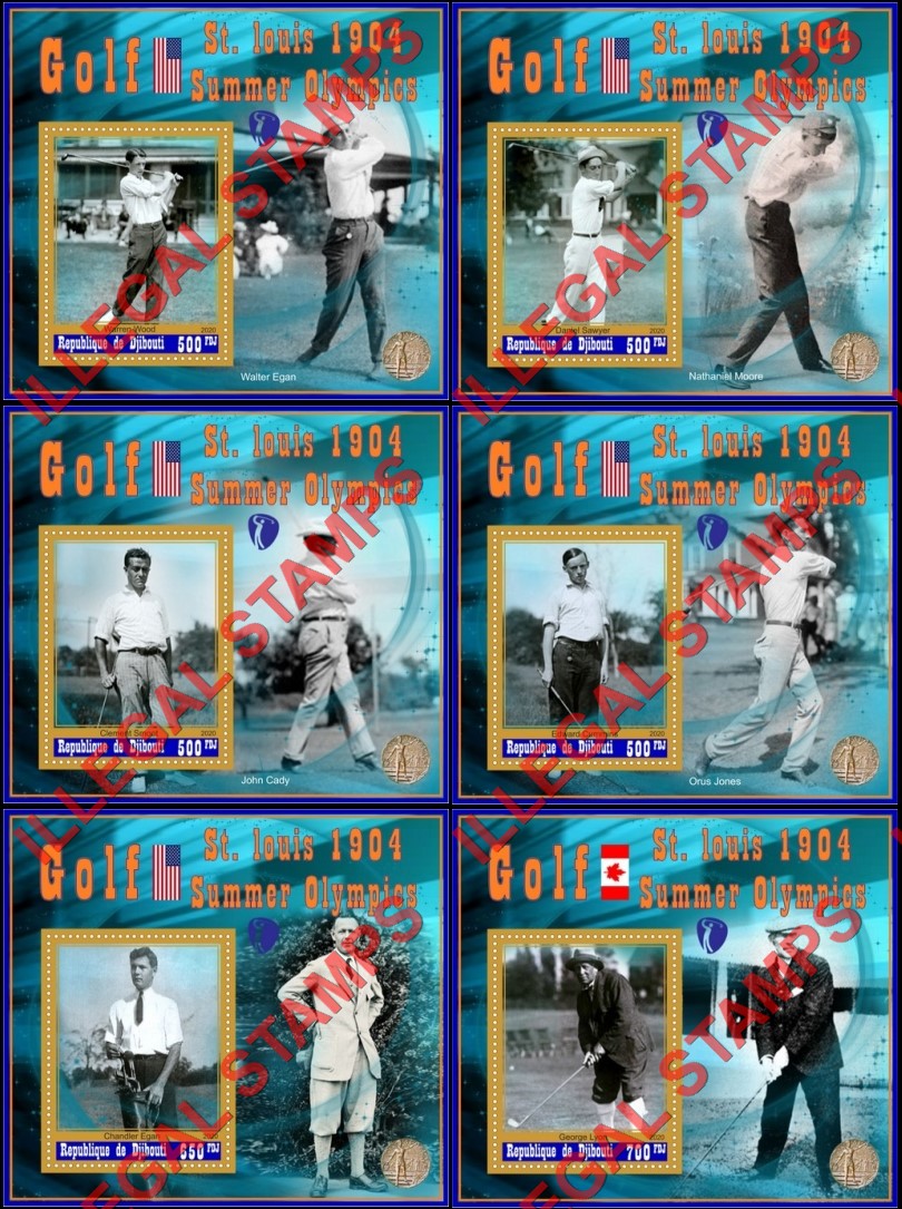 Djibouti 2020 Golf Players St. Louis 1904 Summer Olympics Illegal Stamp Souvenir Sheets of 1