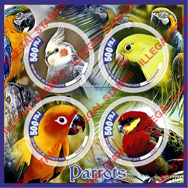 Djibouti 2020 Parrots (different) Illegal Stamp Souvenir Sheet of 4