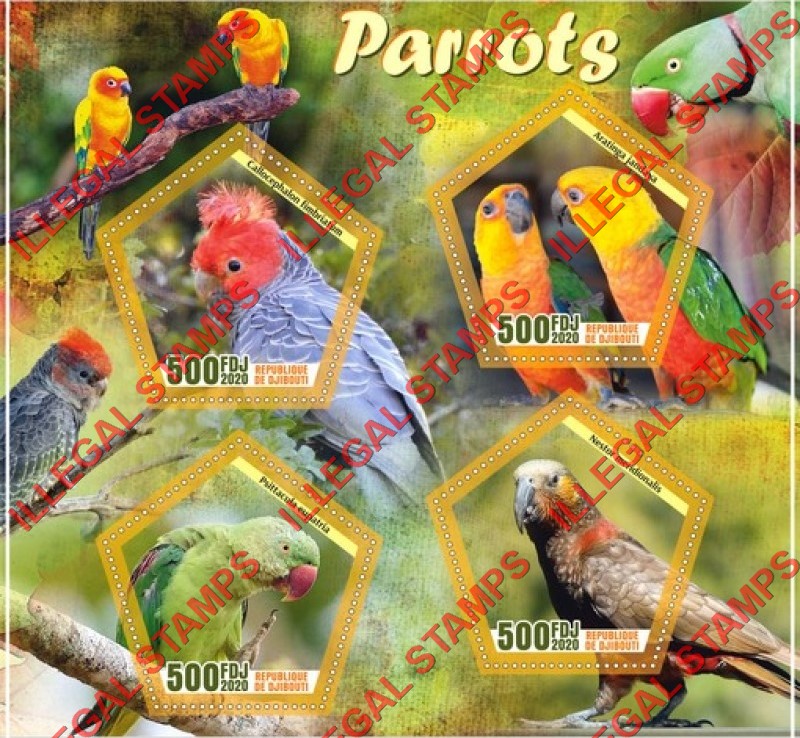 Djibouti 2020 Parrots Illegal Stamp Souvenir Sheet of 4