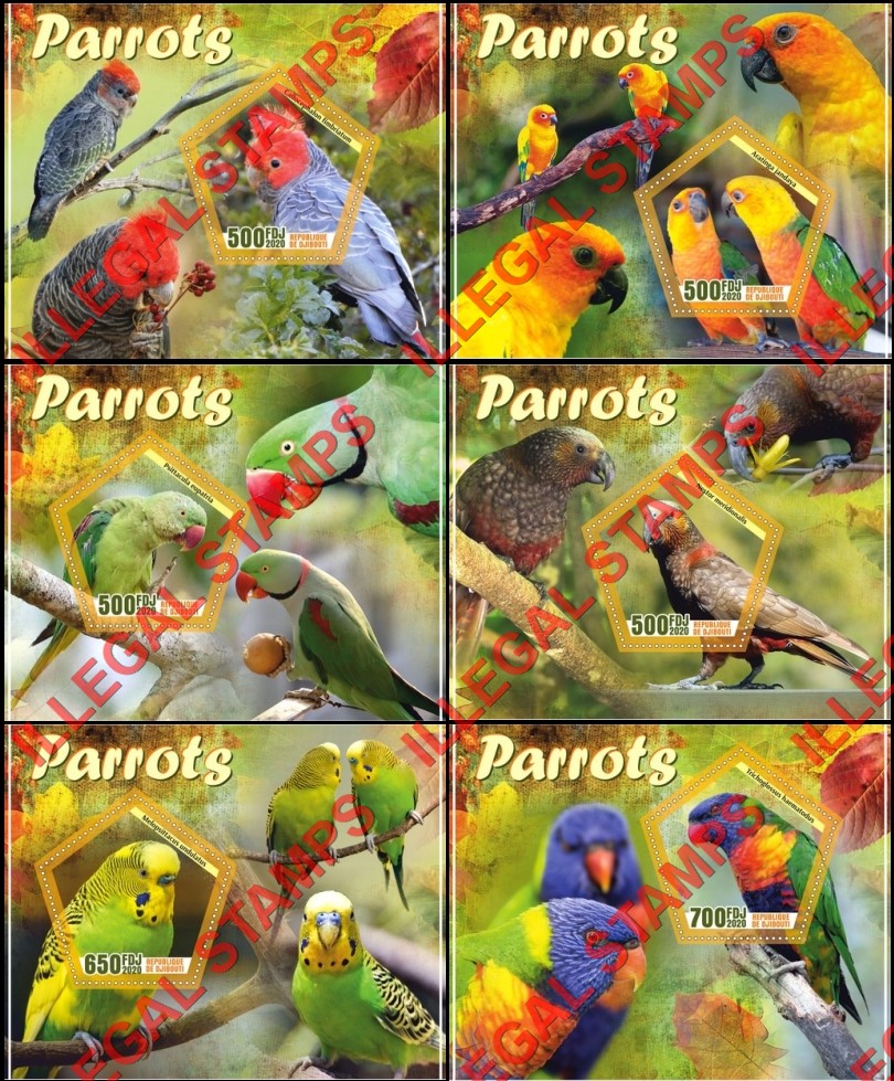 Djibouti 2020 Parrots Illegal Stamp Souvenir Sheets of 1