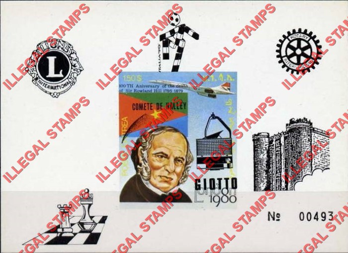 Eritrea 1980 Rowland Hill Halley's Comet London Stamp Exposition Counterfeit Illegal Stamp Souvenir Sheet of 1