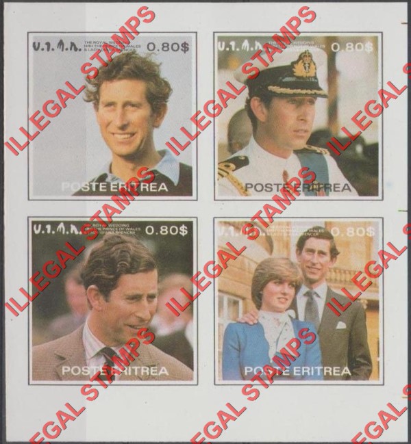 Eritrea 1981 Royal Wedding of Princess Diana and Prince Charles Counterfeit Illegal Stamp Souvenir Sheet of 4