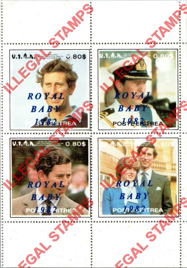 Eritrea 1982 Royal Baby Overprint on Royal Wedding of Princess Diana and Prince Charles Counterfeit Illegal Stamp Souvenir Sheet of 4