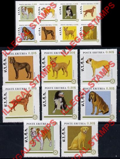 Eritrea 1984 Dogs with Rotary Logo Counterfeit Illegal Stamp Souvenir Sheet of 8