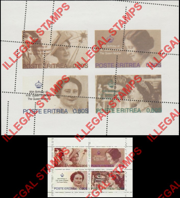 Eritrea 1985 85th Birthday of H.M. Queen Elizabeth the Queen Mother Counterfeit Illegal Stamp Souvenir Sheets of 4 with Bogus Perforation Errors
