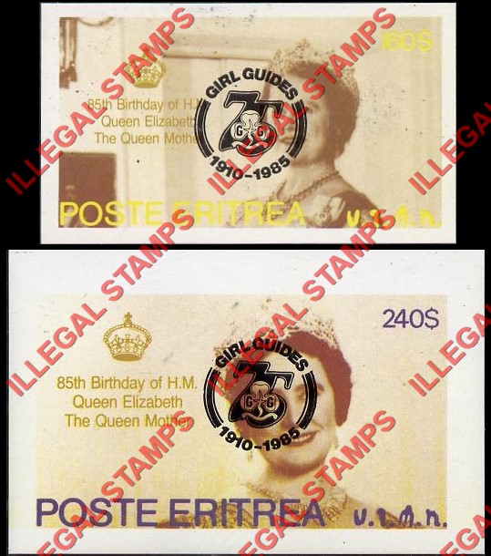 Eritrea 1985 85th Birthday of H.M. Queen Elizabeth the Queen Mother Counterfeit Illegal Stamp Souvenir Sheets of 1 with Girl Guides Overprint in Black