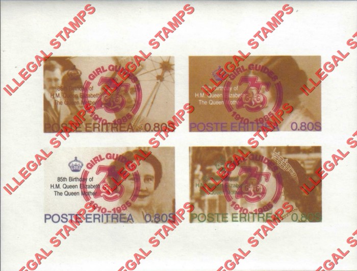 Eritrea 1985 85th Birthday of H.M. Queen Elizabeth the Queen Mother Counterfeit Illegal Stamp Souvenir Sheet of 4 with Girl Guides Overprint in Red