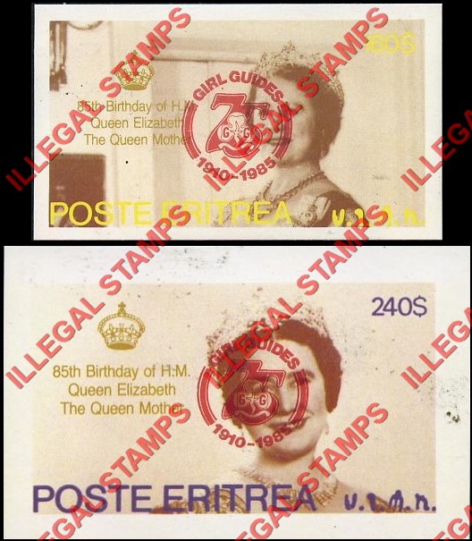 Eritrea 1985 85th Birthday of H.M. Queen Elizabeth the Queen Mother Counterfeit Illegal Stamp Souvenir Sheets of 1 with Girl Guides Overprint in Red